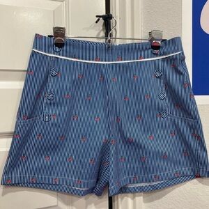 Voodoo Vixen High Waisted Blue Striped Shorts with Red Cherry Details Rockabilly